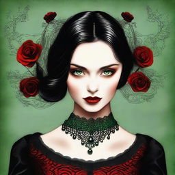 This high-quality digital art image portrays a young woman with enchanting green eyes and sleek black hair