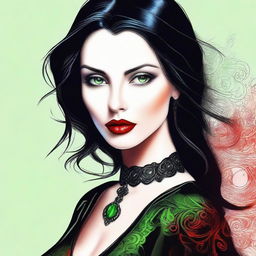 This high-quality digital art image portrays a young woman with enchanting green eyes and sleek black hair