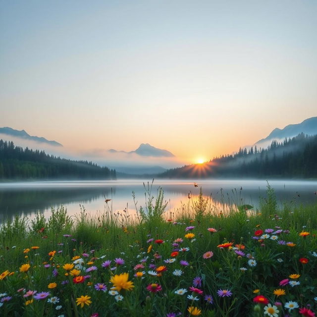 A serene landscape featuring a tranquil lake surrounded by lush green forests, in the early morning light