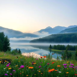 A serene landscape featuring a tranquil lake surrounded by lush green forests, in the early morning light