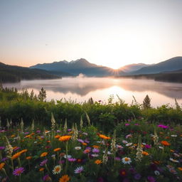 A serene landscape featuring a tranquil lake surrounded by lush green forests, in the early morning light