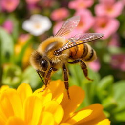 A beautifully detailed honeybee, showcasing its intricate fur pattern, bright yellow and black stripes, and delicate wings that glisten in the sunlight