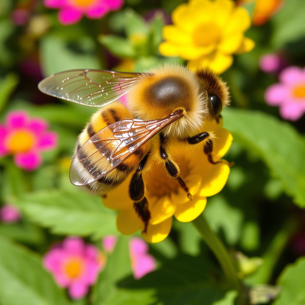 A beautifully detailed honeybee, showcasing its intricate fur pattern, bright yellow and black stripes, and delicate wings that glisten in the sunlight