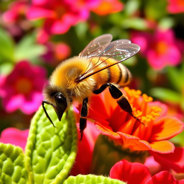 A beautifully detailed honeybee, showcasing its intricate fur pattern, bright yellow and black stripes, and delicate wings that glisten in the sunlight