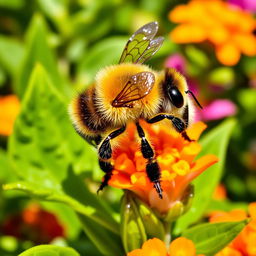 A beautifully detailed honeybee, showcasing its intricate fur pattern, bright yellow and black stripes, and delicate wings that glisten in the sunlight