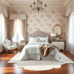 A beautifully arranged bedroom with an elegantly made bed, soft pastel-colored bedding, and luxurious pillows