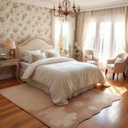 A beautifully arranged bedroom with an elegantly made bed, soft pastel-colored bedding, and luxurious pillows