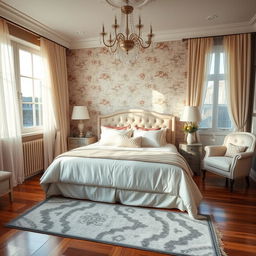 A beautifully arranged bedroom with an elegantly made bed, soft pastel-colored bedding, and luxurious pillows