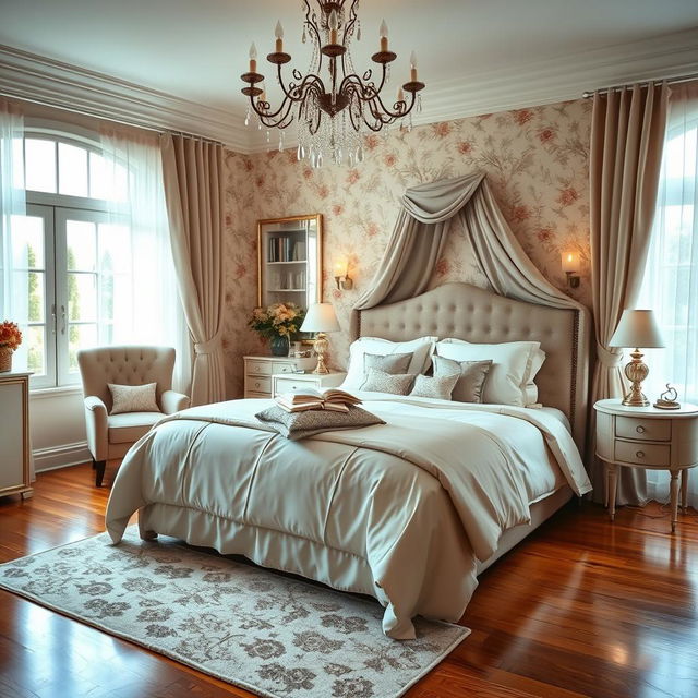 A beautifully arranged bedroom with an elegantly made bed, soft pastel-colored bedding, and luxurious pillows