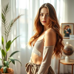 A beautiful young woman in a sunlit room, gracefully posing in a fashion-forward outfit that suggests elegance and confidence