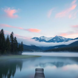 A serene mountain landscape during sunrise, with mist rolling over lush green valleys and a clear blue sky painted with soft pink and orange hues