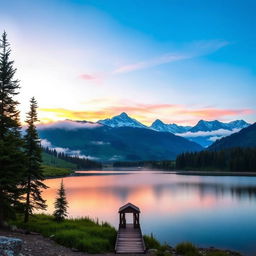 A serene mountain landscape during sunrise, with mist rolling over lush green valleys and a clear blue sky painted with soft pink and orange hues