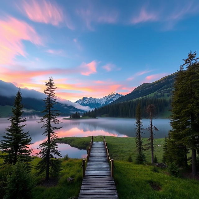 A serene mountain landscape during sunrise, with mist rolling over lush green valleys and a clear blue sky painted with soft pink and orange hues