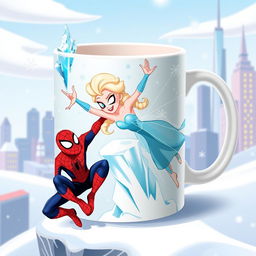 A whimsical and colorful design for a mug featuring a crossover between the characters from Frozen and The Amazing Spider-Man