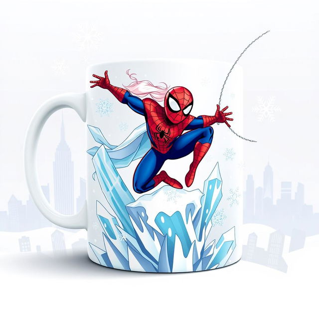 A whimsical and colorful design for a mug featuring a crossover between the characters from Frozen and The Amazing Spider-Man