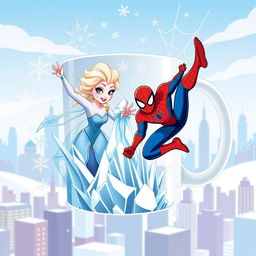 A whimsical and colorful design for a mug featuring a crossover between the characters from Frozen and The Amazing Spider-Man