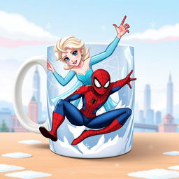 A whimsical and colorful design for a mug featuring a crossover between the characters from Frozen and The Amazing Spider-Man
