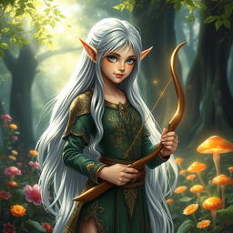 A mystical elf with long, flowing silver hair and pointed ears, wearing an intricate green and gold tunic adorned with nature motifs