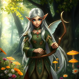 A mystical elf with long, flowing silver hair and pointed ears, wearing an intricate green and gold tunic adorned with nature motifs