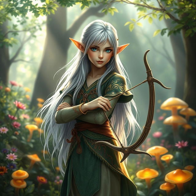 A mystical elf with long, flowing silver hair and pointed ears, wearing an intricate green and gold tunic adorned with nature motifs