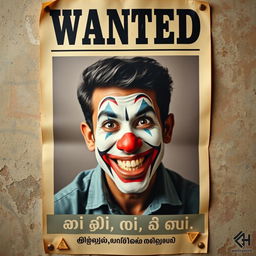 A wanted poster in Malayalam featuring a man with light clown makeup, looking mischievous
