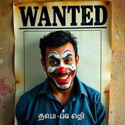 A wanted poster in Malayalam featuring a man with light clown makeup, looking mischievous
