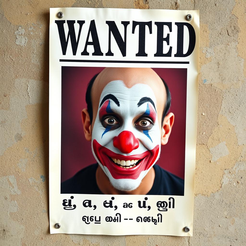 A wanted poster in Malayalam featuring a man with light clown makeup, looking mischievous