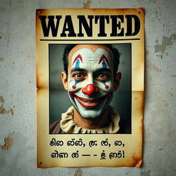 A wanted poster in Malayalam featuring a man with light clown makeup, looking mischievous