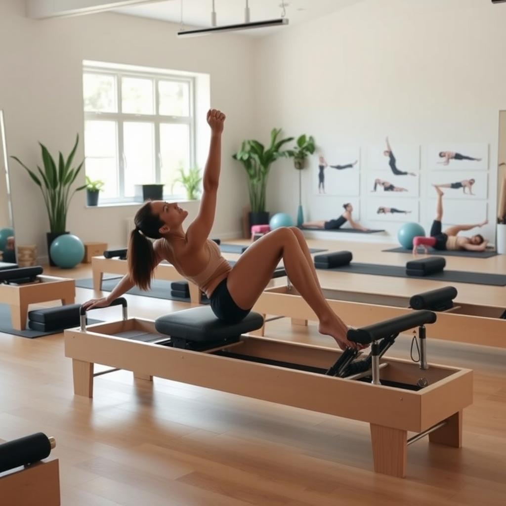 A serene and well-lit Pilates studio filled with various exercise equipment such as yoga mats, reformers, and stability balls