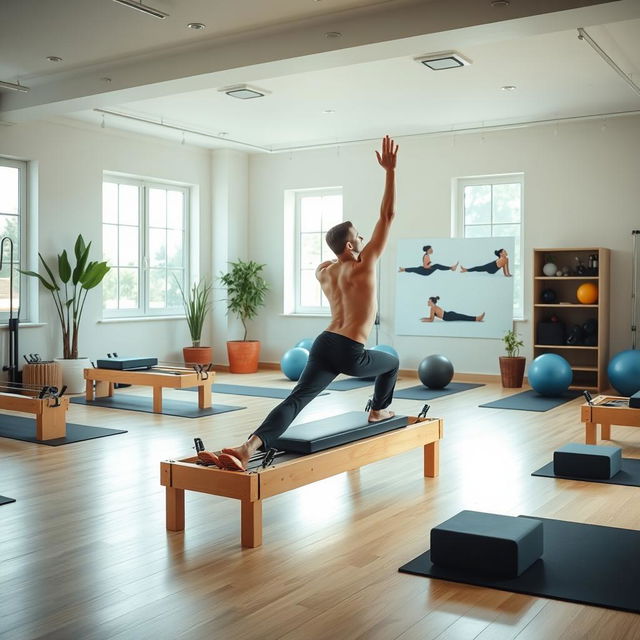 A serene and well-lit Pilates studio filled with various exercise equipment such as yoga mats, reformers, and stability balls