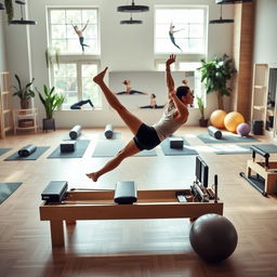 A serene and well-lit Pilates studio filled with various exercise equipment such as yoga mats, reformers, and stability balls