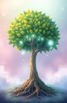 An imaginative illustration depicting a large, vibrant tree with luscious green leaves, intricately intertwined with a human brain