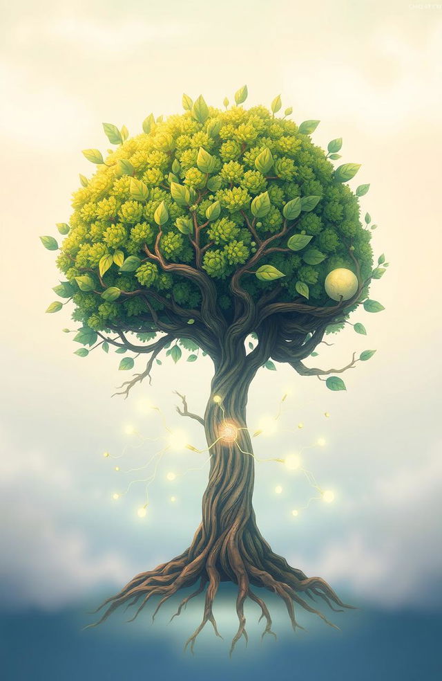 An imaginative illustration depicting a large, vibrant tree with luscious green leaves, intricately intertwined with a human brain