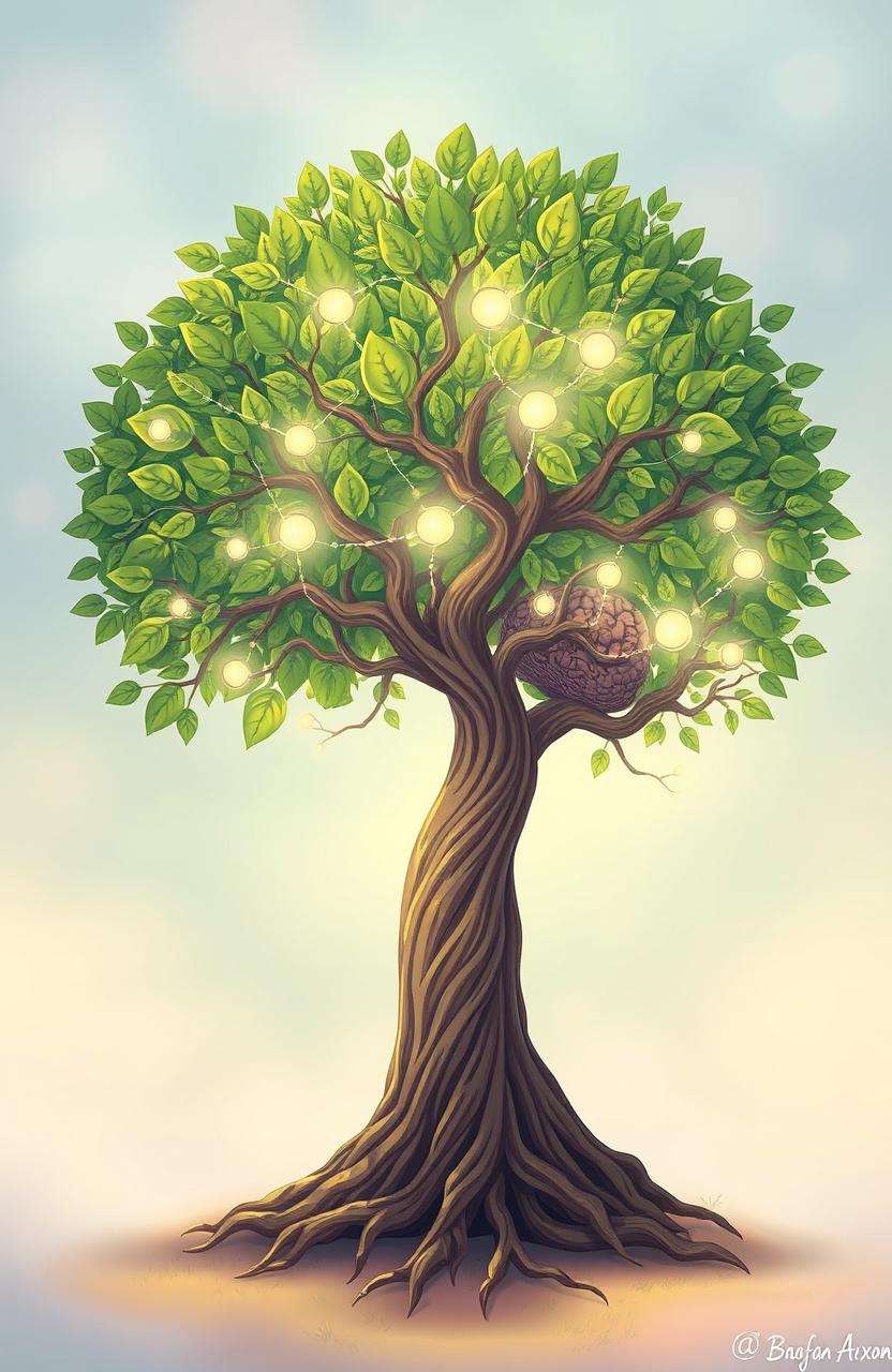 An imaginative illustration depicting a large, vibrant tree with luscious green leaves, intricately intertwined with a human brain