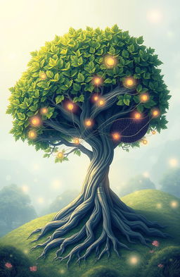 An imaginative illustration depicting a large, vibrant tree with luscious green leaves, intricately intertwined with a human brain