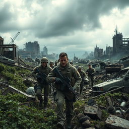 A stunning cinematic scene depicting a group of soldiers in a post-apocalyptic landscape, showcasing the ruins of a once-thriving city overgrown with vegetation and remnants of destroyed vehicles