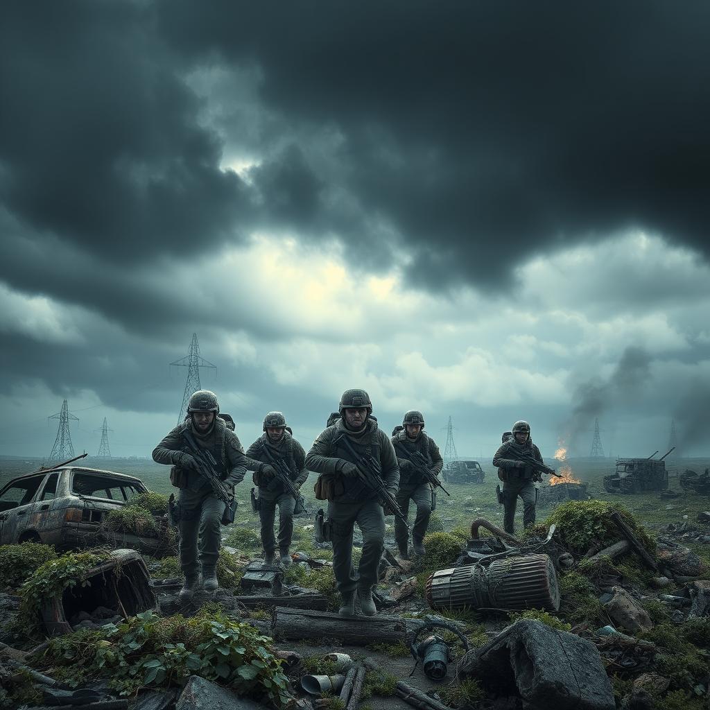 A stunning cinematic scene depicting a group of soldiers in a post-apocalyptic landscape, showcasing the ruins of a once-thriving city overgrown with vegetation and remnants of destroyed vehicles