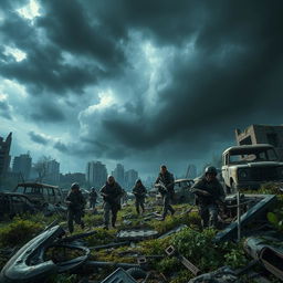 A stunning cinematic scene depicting a group of soldiers in a post-apocalyptic landscape, showcasing the ruins of a once-thriving city overgrown with vegetation and remnants of destroyed vehicles
