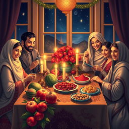 A beautiful depiction of Yalda Night, an Iranian celebration marking the winter solstice, showcasing a festive setting with a richly decorated table adorned with seasonal fruits, particularly pomegranates and watermelons