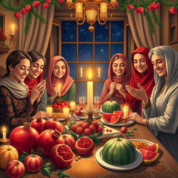 A beautiful depiction of Yalda Night, an Iranian celebration marking the winter solstice, showcasing a festive setting with a richly decorated table adorned with seasonal fruits, particularly pomegranates and watermelons