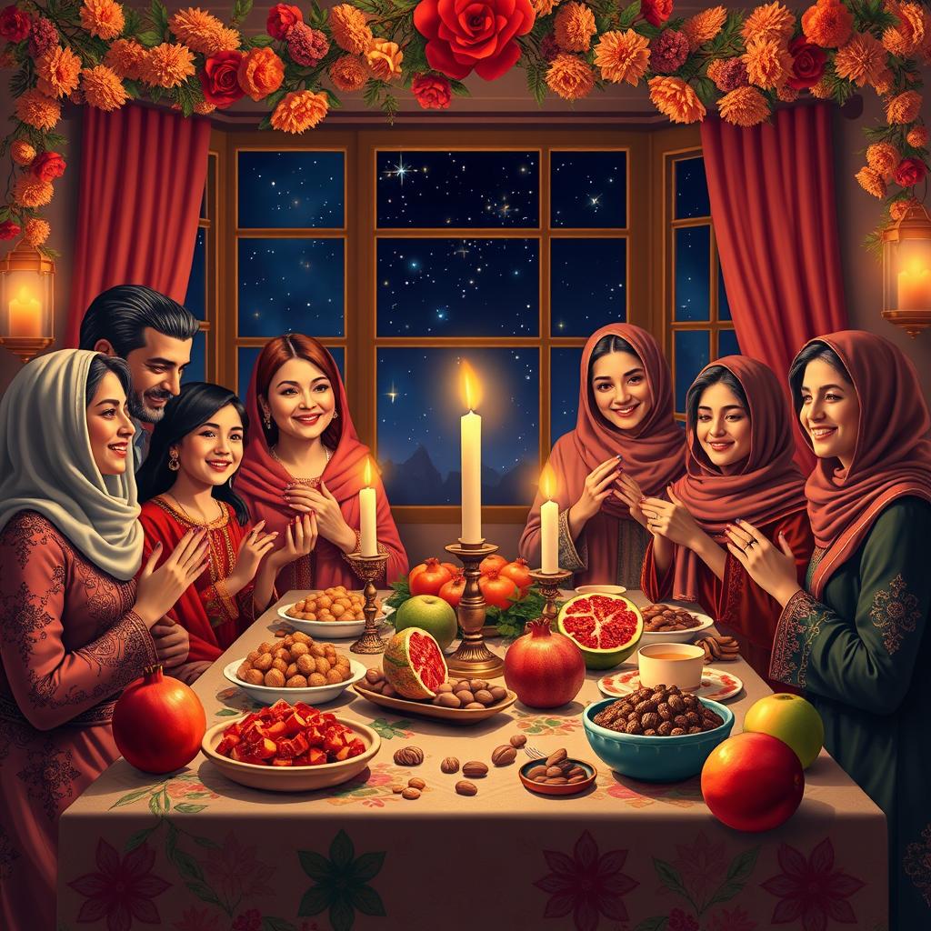 A beautiful depiction of Yalda Night, an Iranian celebration marking the winter solstice, showcasing a festive setting with a richly decorated table adorned with seasonal fruits, particularly pomegranates and watermelons