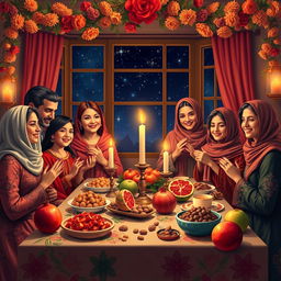 A beautiful depiction of Yalda Night, an Iranian celebration marking the winter solstice, showcasing a festive setting with a richly decorated table adorned with seasonal fruits, particularly pomegranates and watermelons