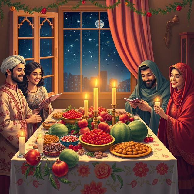 A beautiful depiction of Yalda Night, an Iranian celebration marking the winter solstice, showcasing a festive setting with a richly decorated table adorned with seasonal fruits, particularly pomegranates and watermelons