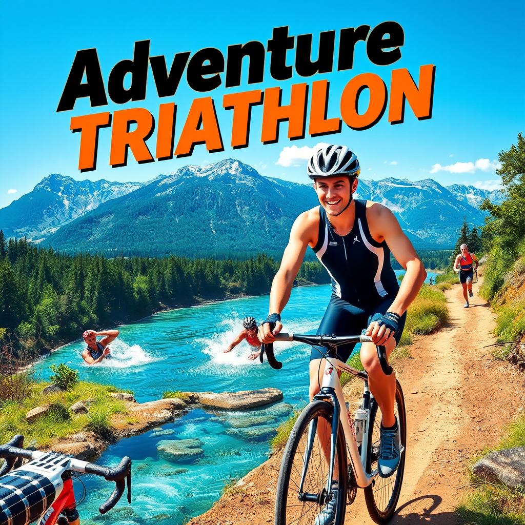 A vibrant and dynamic poster showcasing the thrill of adventure triathlon