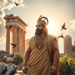 A majestic and inspirational depiction of Cyrus the Great, the founder of the Achaemenid Empire, standing confidently in traditional Persian attire