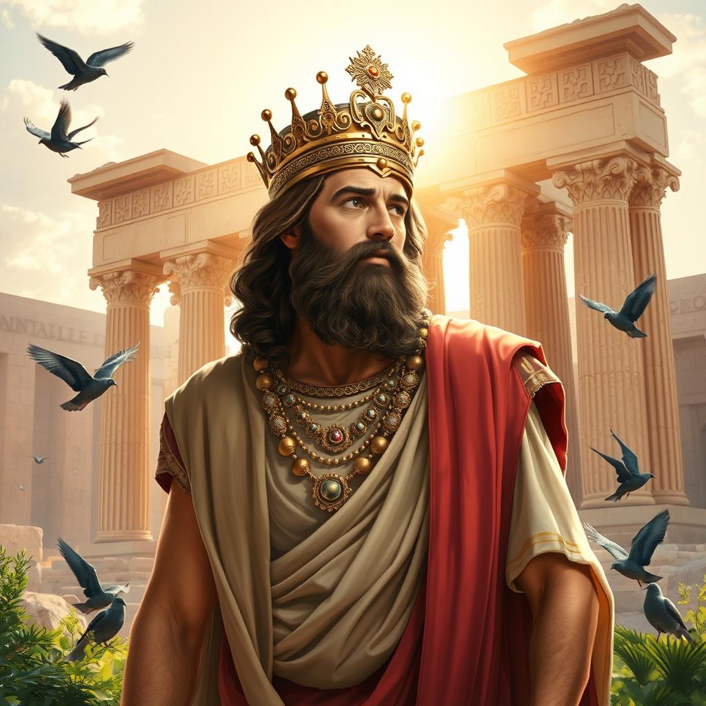 A majestic and inspirational depiction of Cyrus the Great, the founder of the Achaemenid Empire, standing confidently in traditional Persian attire