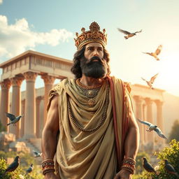 A majestic and inspirational depiction of Cyrus the Great, the founder of the Achaemenid Empire, standing confidently in traditional Persian attire