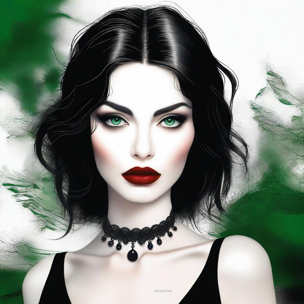 A top-notch digital art image captures a young woman with deep green eyes and black hair