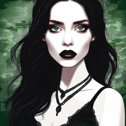 A top-notch digital art image captures a young woman with deep green eyes and black hair