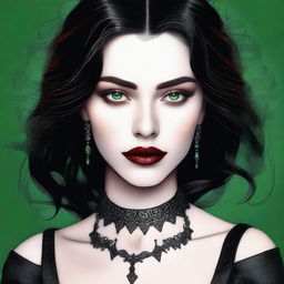 A top-notch digital art image captures a young woman with deep green eyes and black hair